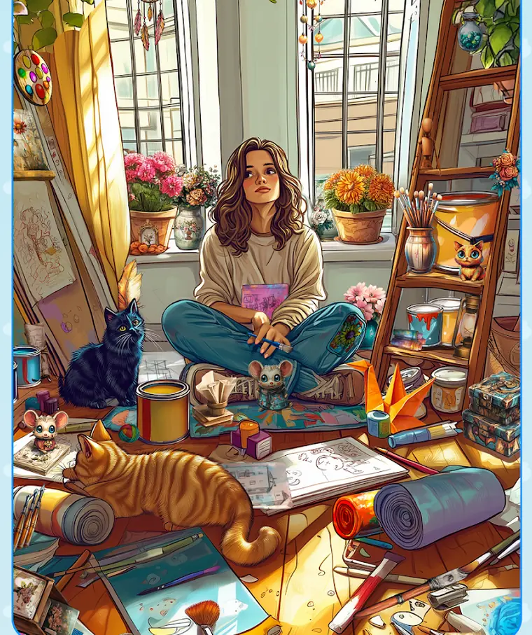 Cena de atelier de Spot Hidden Objects: Find It! com cavalete, gatos e material de pintura espalhado pelo chão