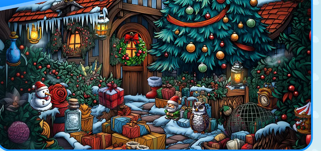 Cena de inverno de Spot Hidden Objects: Find It! com uma cabana, uma árvore decorada e a lista de objetos ao lado