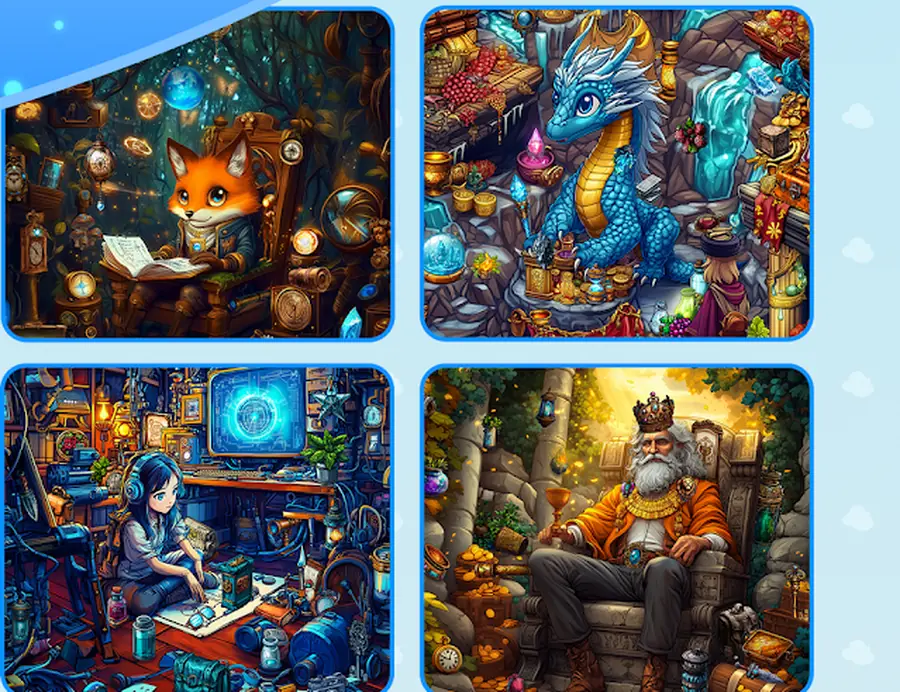 Mosaico de quatro cenas de Spot Hidden Objects: Find It!: uma raposa numa biblioteca, um dragão numa gruta, uma secretária com computador e um jardim ao entardecer