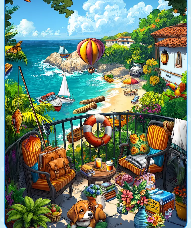 Cena de varanda sobre o mar em Spot Hidden Objects: Find It!, com espreguiçadeiras, boias e um veleiro ao fundo