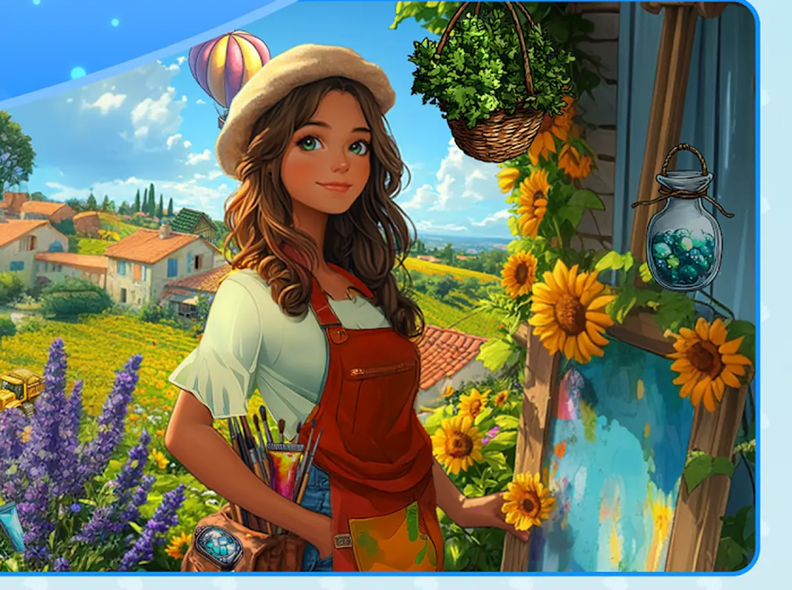 Cena ilustrada do jogo Spot Hidden Objects: Find It! com uma aldeia à beira-mar, girassóis e uma pintora em primeiro plano