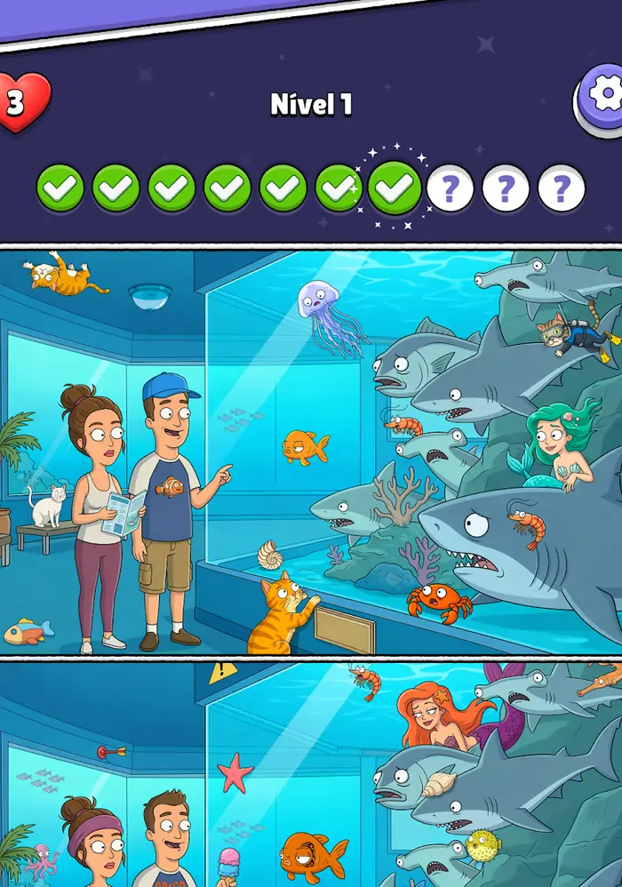 Ecrã de Little Big Differences com duas ilustrações de um aquário lado a lado e os menus em português