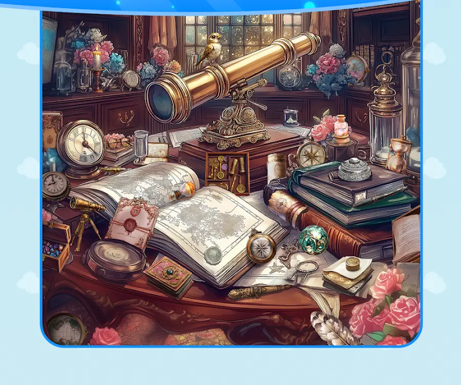 Pormenor de uma cena de Spot Hidden Objects: Find It! com secretária de madeira, livro aberto, telescópio e objetos por localizar